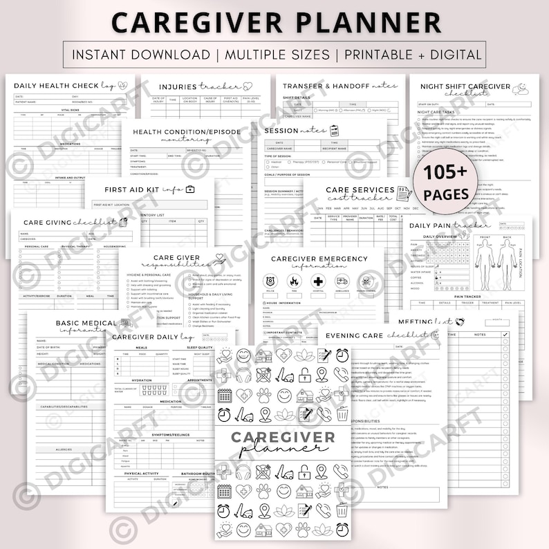 Caregiver Planner binder Printable,Caregiver Daily Log plus vital,Elder Caregiving journal a4,Home health care service forms,Medical tracker templates,caregiver daily weekly checklist,Caregiving Daily duties sign off,Caregiving workbook,Senior care at home planner,home care plan templates Pdf,Digital Caregiving journal planner,Caregiver binder,Caregiving checklist,Caregiver Responsibilities,Monthly Medication tracker,Symptom tracker,Daily pain tracker,Chronic pain tracker,Migrain tracker