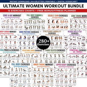May include: A digital bundle of 15 exercise charts and a fitness planner featuring over 280 workout illustrations. The charts include titles like Core & Abs, Full Body Dumbbell, Double Chin, Arm Toning, Body Cardio, Good Posture, and Yoga Poses.