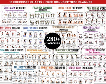 Ultimate workout bundle,full body exercise workout bundle,Inner thigh,Upper body,Stretching,belly fat workout chart,Dumbbell workout poster