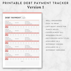 May include: Printable debt payment tracker with sections for creditor, interest rate, starting balance, due date, minimum payment, goal payoff date, and monthly payments. The tracker has a pink and white color scheme and includes the text "DEBT PAYMENT Tracker" and "Version 1".
