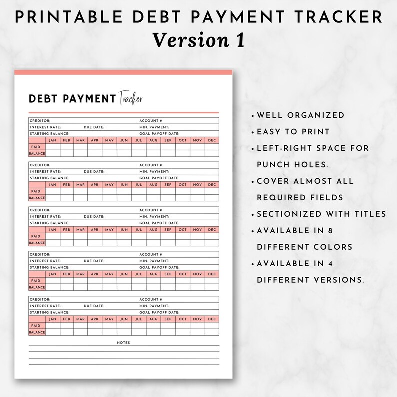May include: Printable debt payment tracker with sections for creditor, interest rate, starting balance, due date, minimum payment, goal payoff date, and monthly payments. The tracker has a pink and white color scheme and includes the text "DEBT PAYMENT Tracker" and "Version 1".