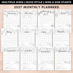 2027 monthly planner with notes printable,12 monthly planner inserts,monthly calendar 2027,bullet journal bundle,Bujo Calendar pages a5 pdf