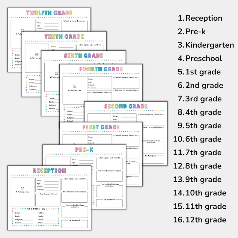 May include: A set of printable worksheets for students in grades Reception through 12th grade. Each worksheet features a colorful design with space for students to write their name, age, favorite book, subject, animal, and more. The worksheets are perfect for back-to-school activities or for use throughout the year.