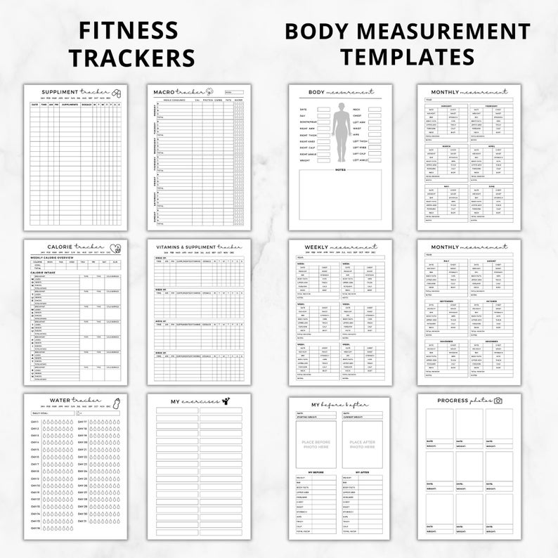 Może przedstawiać: Czarno-białe strony do druku z trackerem fitness z nagł&oacute;wkami takimi jak "Tracker suplement&oacute;w", "Tracker makro", "Tracker kalorii", "Tracker witamin i suplement&oacute;w", "Tracker wody", "Moje ćwiczenia", "Moje przed i po" oraz "Zdjęcia postęp&oacute;w".