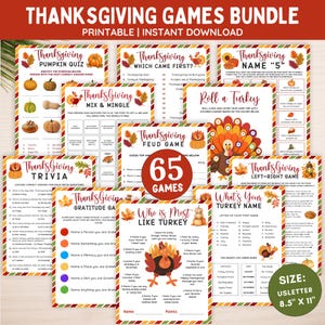 Thanksgiving games bundle printabl,Holiday party game bundle, Thanksgiving trivia,Fall activities kid,who is most like turkey,Scavenger hunt