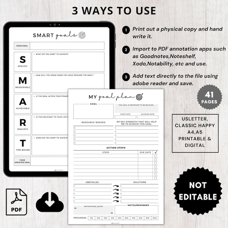 Peut inclure: Un planificateur d'objectifs imprimable en noir et blanc avec les mots "SMART goals" et "MY goal plan" sur la couverture. Le planificateur comprend des sections pour la d&eacute;finition d'objectifs, les &eacute;tapes d'action, les obstacles, les solutions et les notes. Le planificateur comporte 41 pages et est disponible en format A4 et US Letter.