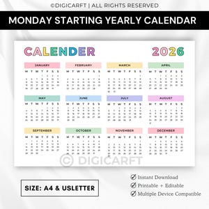 2026 year at a glance calendar printable,Rainbow yearly planner 2026 inserts pdf,Full year calendar poster 2026,2026 wall calendar template