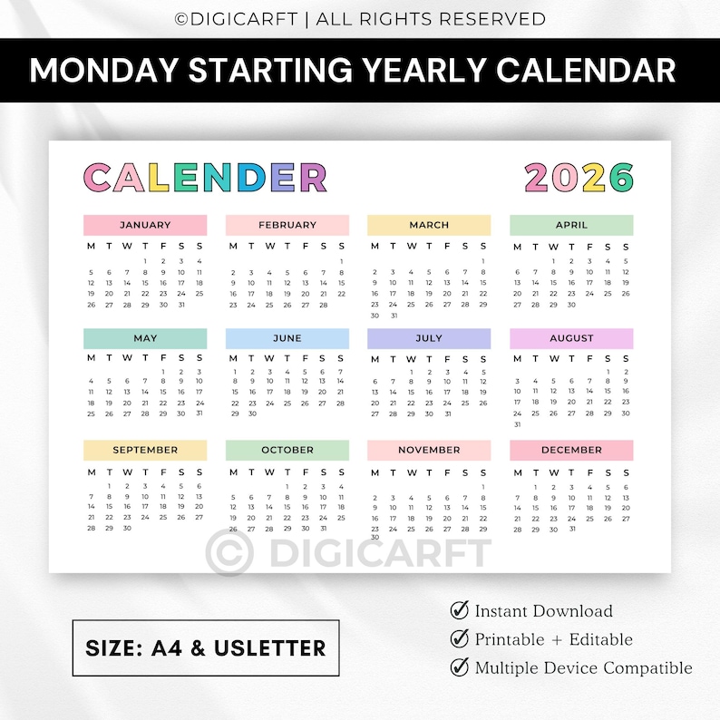 2026 year at a glance calendar printable,Rainbow yearly planner 2026 inserts pdf,Full year calendar poster 2026,2026 wall calendar template