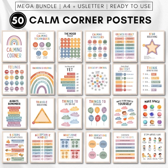 Calm down corner poster decor for kids room,Calming corner printables,Classroom wall decor pack,Counselling coping tools,Circle of control