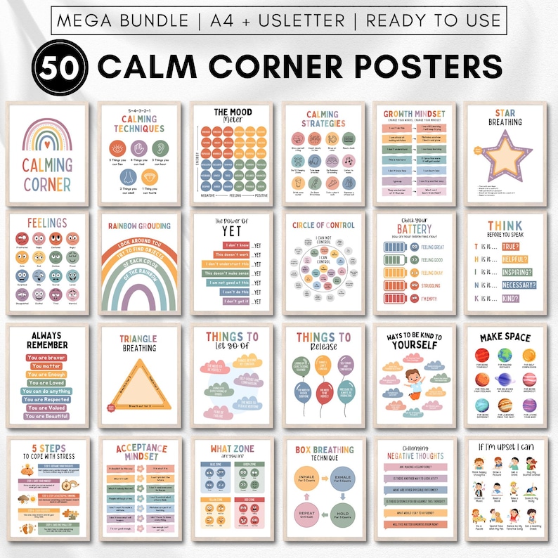 Calm down corner poster decor for kids room,calming corner classroom posters bundle,Coping skills,Circle of control,counselling room mental health emotional wellness banner,classroom calm down corner prints,Educational Wall art,Rainbow breathing classroom set,positive affirmation poster Teens,Calming strategies visuals printable Digital download, Be kind poster, How are you feeling poster, How big is my Problem Decor poster, Circle of control poster