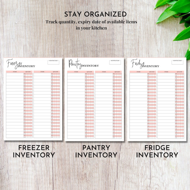 May include: Three printable inventory lists for a freezer, pantry, and fridge. Each list has columns for item, quantity, expiry date, and notes. The lists are designed to help people stay organized in their kitchen.
