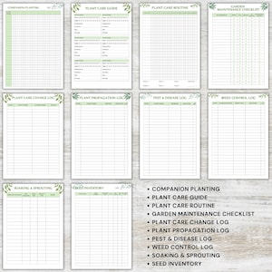 K&ouml;nnte beinhalten: Druckbarer Gartenplaner mit gr&uuml;nen Bl&auml;ttern und floralen Akzenten. Enth&auml;lt Abschnitte f&uuml;r Begleitpflanzung, Pflanzenpflegeleitfaden, Pflanzenpflege-Routine, Gartenpflege-Checkliste, Pflanzenpflege-&Auml;nderungslogbuch, Pflanzenvermehrungslogbuch, Sch&auml;dlings- und Krankheitslogbuch, Unkrautkontrolllogbuch, Einweichen und Keimen sowie Saatgutinventar.