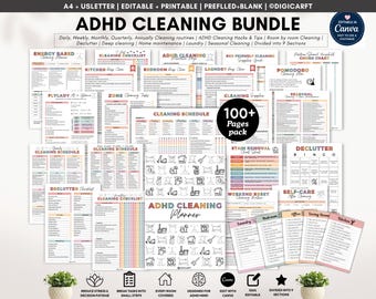 ADHD cleaning planner bundle,adhd  cleaning schedule editable canva,adhd Cleaning Checklist pdf,30 days Declutter,Family Chore Chart kids