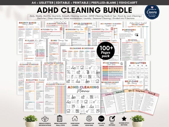 ADHD cleaning planner bundle,adhd  cleaning schedule editable canva,adhd Cleaning Checklist pdf,30 days Declutter,Family Chore Chart kids