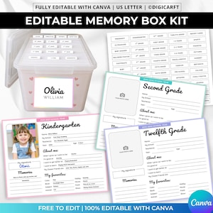May include: An editable memory box kit featuring a clear plastic storage bin with dividers and labels, alongside printable A4-sized school year record sheets. The kit includes templates for grades kindergarten through twelfth grade with sections for photos and personal details.
