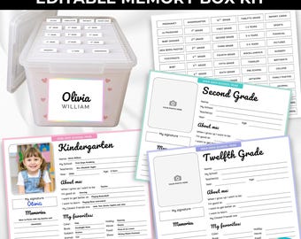 Editable memory box template,School memory box Keepsake,Kids Memory box starter kit,File folder tabs labels printable,Baby keepsake file box