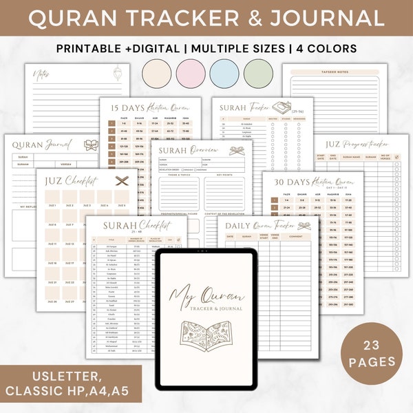 Printable Quran Tracker,Recitation & Memorisation Tracker,Quran planner,Quran Journal digital,Hifdh planner,Islamic study,Muslim planner pdf