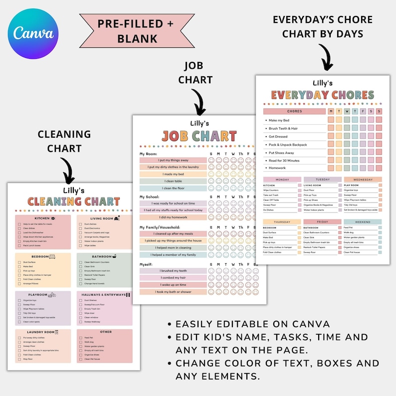 Editable Kids Chore Chart, Kids Chore Chart Bundle, Kids Routine Chart, Daily Routine Chart for Kids, Editable Responsibility Chart, Kids Checklist Printable, Behavior Chart, Reward Chart, Screen Time Checklist, Allowance Tracker, Kids Job Chart, Kids Morning Routine, Bedtime Routine Chart, Weekly Schedule for Kids, School Checklist, Flip Routine Chart, Visual Schedule for Kids, Toddler Routine Chart, Canva Editable Kids Charts, Printable Kids Planner, ADHD Routine Chart, Autism Visual Schedule