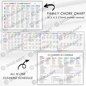 K&ouml;nnte beinhalten: Eine Sammlung druckbarer Aufgabenlisten und ein Reinigungsplan. Die Aufgabenlisten tragen die Aufschrift "Our Family Chore Chart" und enthalten Felder f&uuml;r t&auml;gliche Aufgaben. Der Reinigungsplan tr&auml;gt die Aufschrift "Cleaning Schedule".