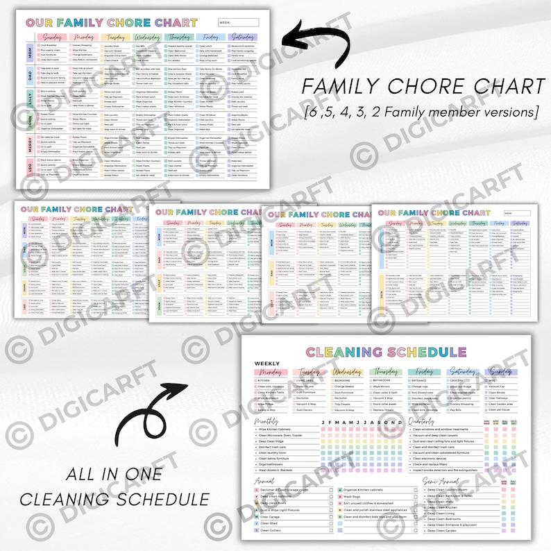 K&ouml;nnte beinhalten: Eine Sammlung druckbarer Aufgabenlisten und ein Reinigungsplan. Die Aufgabenlisten tragen die Aufschrift "Our Family Chore Chart" und enthalten Felder f&uuml;r t&auml;gliche Aufgaben. Der Reinigungsplan tr&auml;gt die Aufschrift "Cleaning Schedule".
