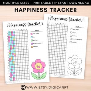 Happiness tracker printable,Yearly Mood tracker Bullett journal digital,Emotion tracker for adults,Stress anxiety tracking,A5 bujo pages PDF