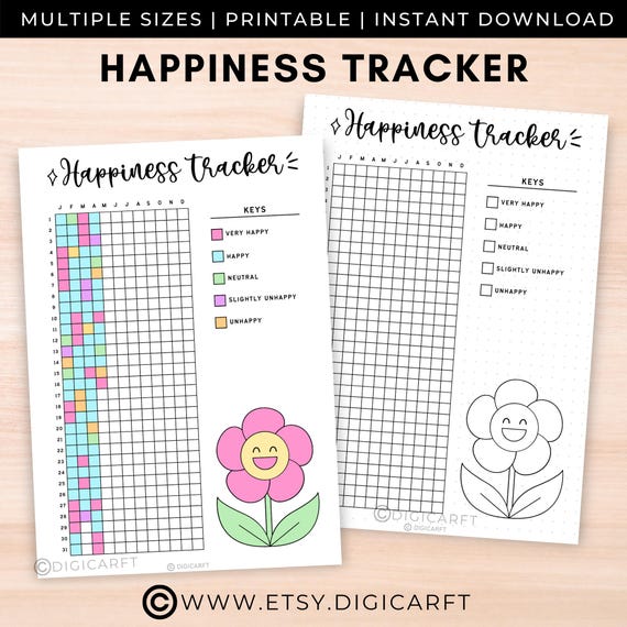 Happiness tracker printable,Yearly Mood tracker Bullett journal digital,Emotion tracker for adults,Stress anxiety tracking,A5 bujo pages PDF