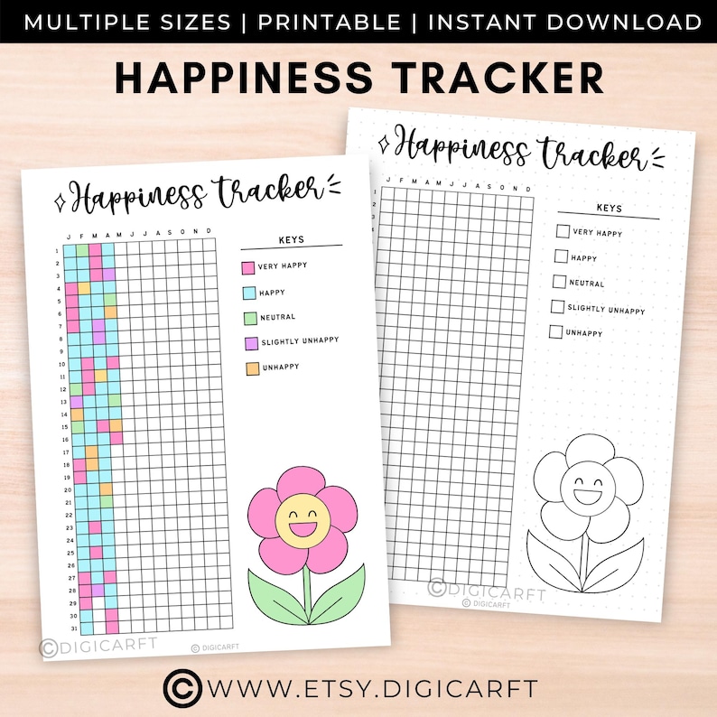 Happiness tracker printable,Yearly Mood tracker Bullett journal digital,Emotion tracker for adults,Stress anxiety tracking,A5 bujo pages PDF