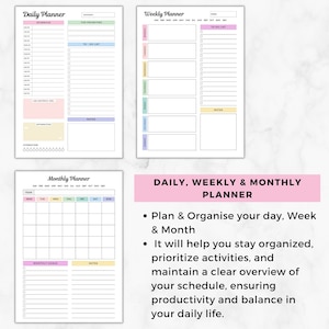 May include: A printable daily, weekly, and monthly planner with pastel colors. The planner includes sections for scheduling, to-do lists, top priorities, notes, monthly goals, and hydration. The text "DAILY, WEEKLY & MONTHLY PLANNER" is at the top of the page.