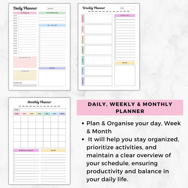 May include: A printable daily, weekly, and monthly planner with pastel colors. The planner includes sections for scheduling, to-do lists, top priorities, notes, monthly goals, and hydration. The text "DAILY, WEEKLY & MONTHLY PLANNER" is at the top of the page.