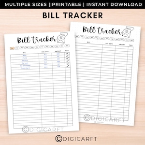 May include: Two white printable "Bill Tracker" sheets with black text. The top text reads "MULTIPLE SIZES | PRINTABLE | INSTANT DOWNLOAD" and "BILL TRACKER". The sheets have columns for bill, due date, amount, and paid. One sheet is filled in with example data.