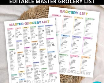 Liste de contrôle d'épicerie principale modifiable, liste de courses en ligne, liste de courses d'épicerie numérique, planificateur de repas hebdomadaire imprimable, modèle d'épicerie vierge a4