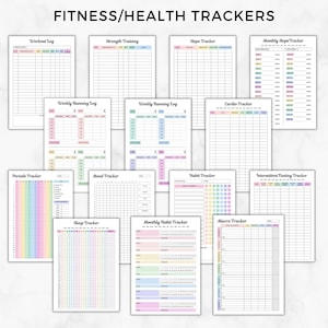 May include: A set of printable fitness and health trackers with a pastel rainbow color scheme. The trackers include workout log, strength training, steps tracker, weekly running log, cardio tracker, monthly steps tracker, periods tracker, mood tracker, habit tracker, intermittent fasting tracker, sleep tracker, monthly habit tracker, and macro tracker.