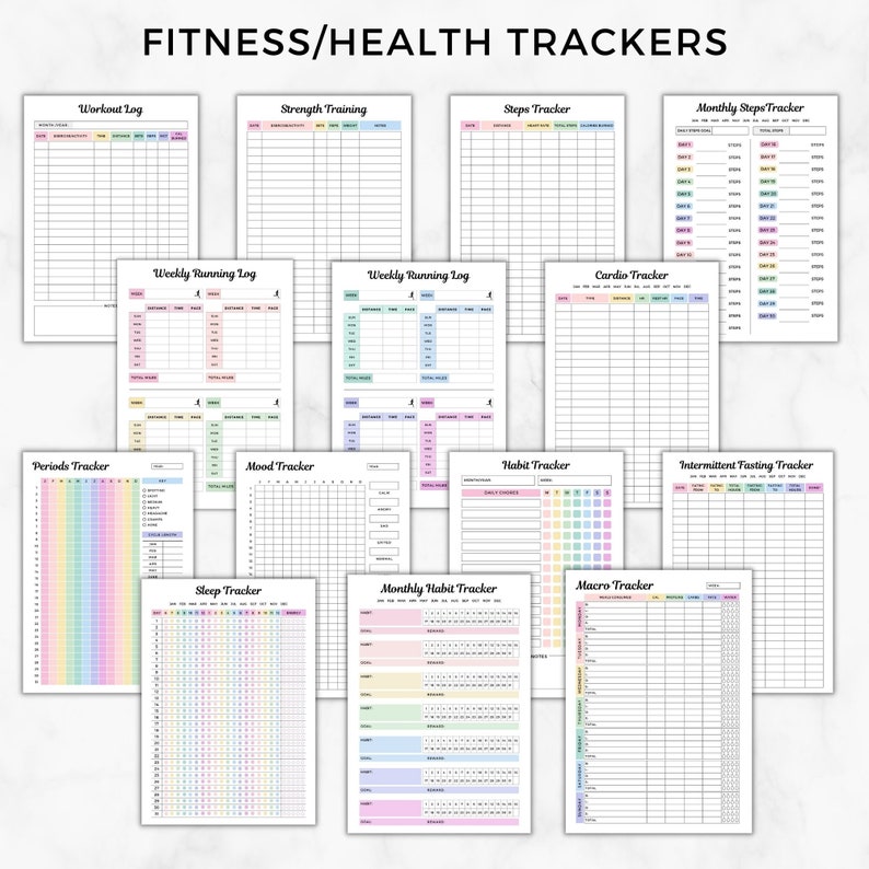 May include: A set of printable fitness and health trackers with a pastel rainbow color scheme. The trackers include workout log, strength training, steps tracker, weekly running log, cardio tracker, monthly steps tracker, periods tracker, mood tracker, habit tracker, intermittent fasting tracker, sleep tracker, monthly habit tracker, and macro tracker.