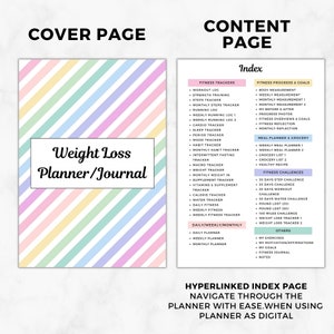 May include: A pink, blue, and yellow striped cover page for a weight loss planner or journal. The text "Weight Loss Planner/Journal" is in a white box on the cover.