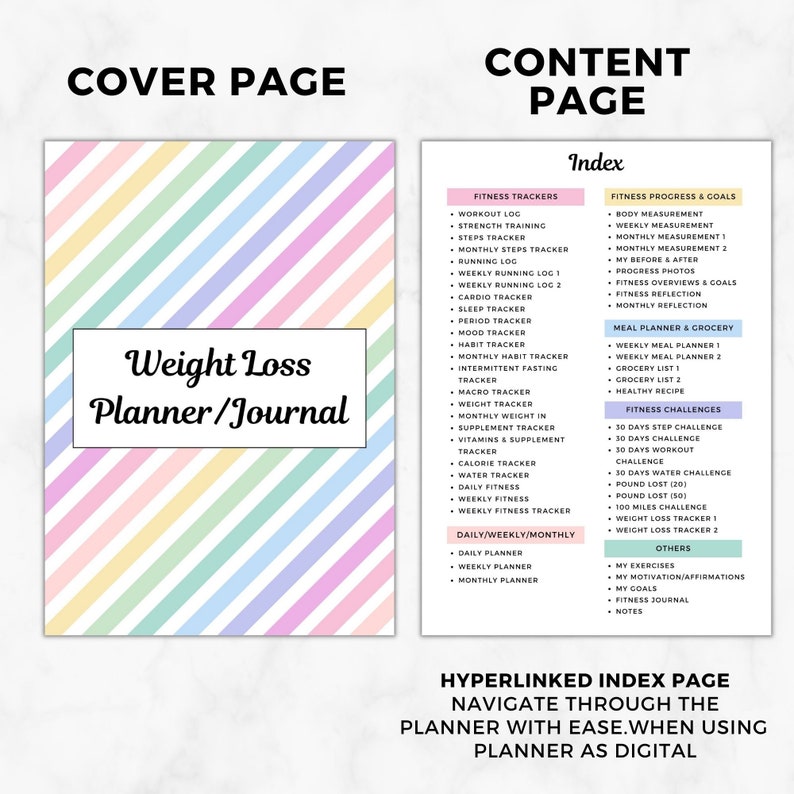 May include: A pink, blue, and yellow striped cover page for a weight loss planner or journal. The text "Weight Loss Planner/Journal" is in a white box on the cover.