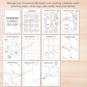 printable cleaning schedule and meal planning bundle for home organization, household cleaning checklist bujo style with coloring elements printable, weekly meal planner and grocery list PDF for busy families, boho bujo cleaning tracker with color-in doodles printable, kitchen meal prep planner and weekly cleaning routine PDF, daily and weekly home cleaning tracker bullet journal style, editable meal planning sheets and home chore charts for binder, minimalist cleaning routine