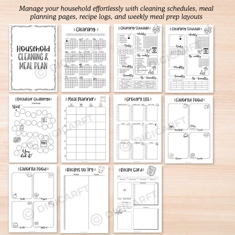 printable cleaning schedule and meal planning bundle for home organization, household cleaning checklist bujo style with coloring elements printable, weekly meal planner and grocery list PDF for busy families, boho bujo cleaning tracker with color-in doodles printable, kitchen meal prep planner and weekly cleaning routine PDF, daily and weekly home cleaning tracker bullet journal style, editable meal planning sheets and home chore charts for binder, minimalist cleaning routine