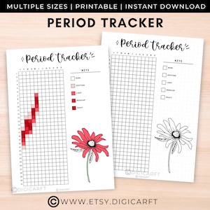 May include: Printable period tracker with a floral design. The tracker has a grid with a key for different flow levels: none, spotting, light, regular, and heavy. The tracker is designed to be used for a year.