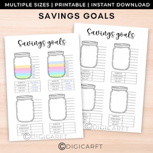 May include: Two printable "Savings Goals" sheets. Each sheet features jar illustrations with fill lines and spaces for savings amounts, start dates, and goal dates. The text "Savings Goals" is at the top. The top banner reads "MULTIPLE SIZES | PRINTABLE | INSTANT DOWNLOAD".
