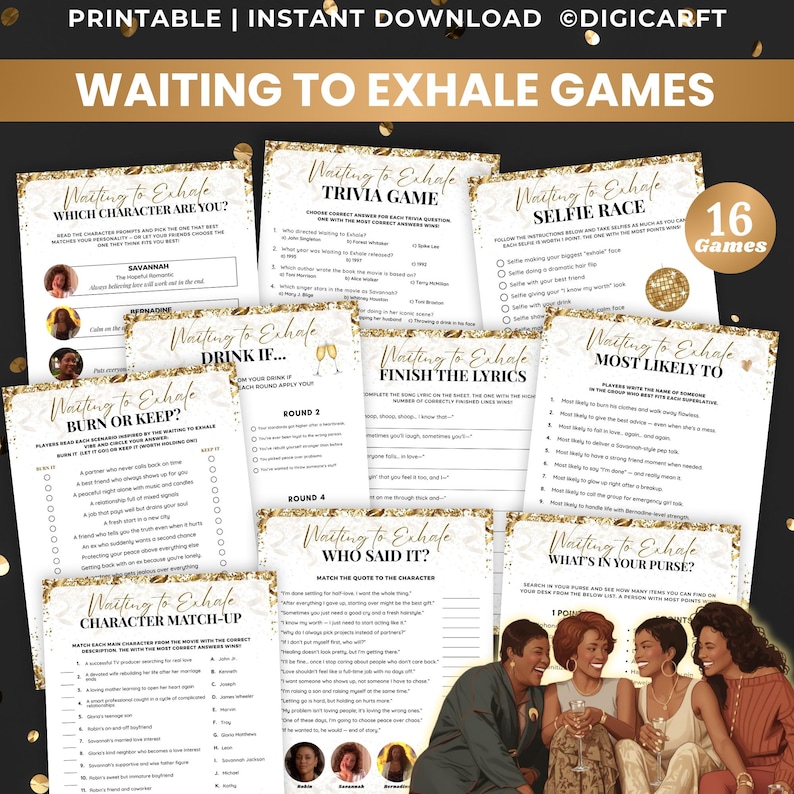 Waiting to Exhale Party Game bundle,Ladies Night games,90s Movies Game,Pajama party games printable,girl night games adult,trivia questions