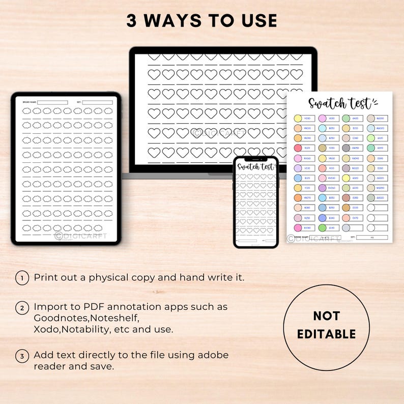 Pu&ograve; includere: Tre modi per utilizzare un planner digitale stampabile con cuori e cerchi. L'immagine mostra un planner digitale sullo schermo di un laptop, lo schermo di un telefono e una copia stampata. Il testo sull'immagine dice "3 Ways to Use" e "Swatch Test".