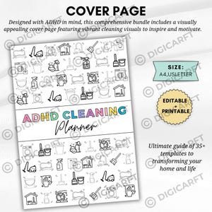 K&ouml;nnte beinhalten: Eine druckbare ADHD Cleaning Planner-Titelseite mit Icons zum Thema Reinigung. Der Titel "ADHD Cleaning Planner" ist in farbigem Text gehalten. Die Gr&ouml;&szlig;e ist A4/US Letter, editierbar und druckbar.
