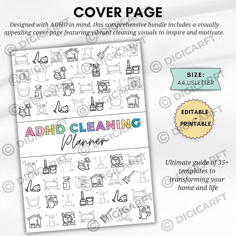 K&ouml;nnte beinhalten: Eine druckbare ADHD Cleaning Planner-Titelseite mit Icons zum Thema Reinigung. Der Titel "ADHD Cleaning Planner" ist in farbigem Text gehalten. Die Gr&ouml;&szlig;e ist A4/US Letter, editierbar und druckbar.