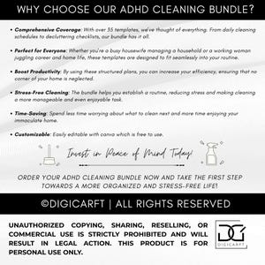 K&ouml;nnte beinhalten: Wei&szlig;es Grafik mit dem Text "WHY CHOOSE OUR ADHD CLEANING BUNDLE?" und Aufz&auml;hlungspunkten, die die Funktionen des Bundles beschreiben. Das Bild enth&auml;lt Illustrationen eines Besens und einer Spr&uuml;hflasche, die ein organisiertes und stressfreies Leben f&ouml;rdern.