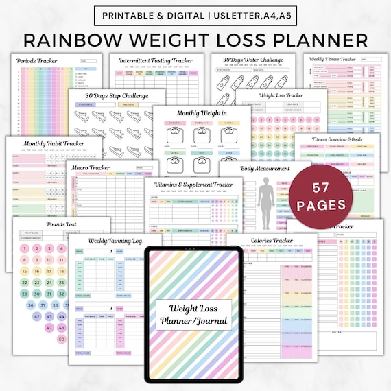 Weight lose planner journal 2023,Rainbow fitness planner bundle printable digital,a5 ultimate fitness planner book,workout planner goodnotes