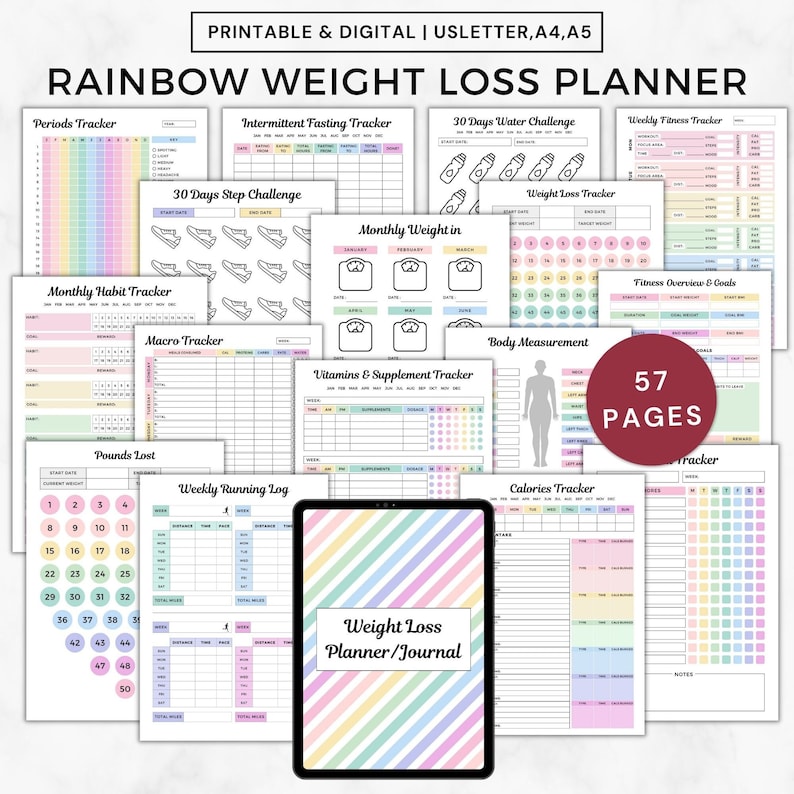 May include: A digital printable weight loss planner with 57 pages. The planner features a rainbow color scheme and includes trackers for periods, intermittent fasting, water intake, steps, weight, habits, macros, vitamins, supplements, running, calories, and fitness. The planner also includes a body measurement tracker and a fitness overview and goals tracker.