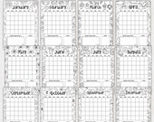 12 month calendar pages a5 journal Monthly calendar planner with goals blank 2024 printable,Monthly coloring page calendar pdf A4 digital