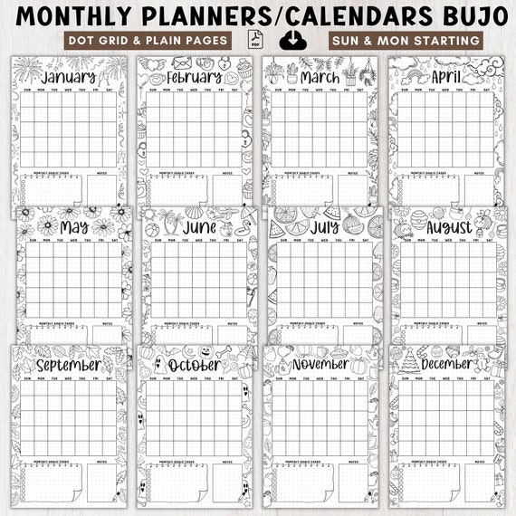 12 month calendar pages a5 journal Monthly calendar planner with goals blank 2024 printable,Monthly coloring page calendar pdf A4 digital