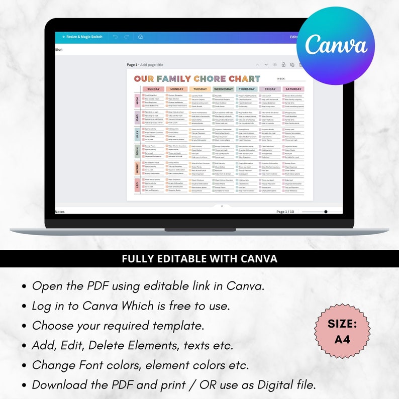 Editable Family Chore Chart: Weekly Planner, Canva Template (digital ...