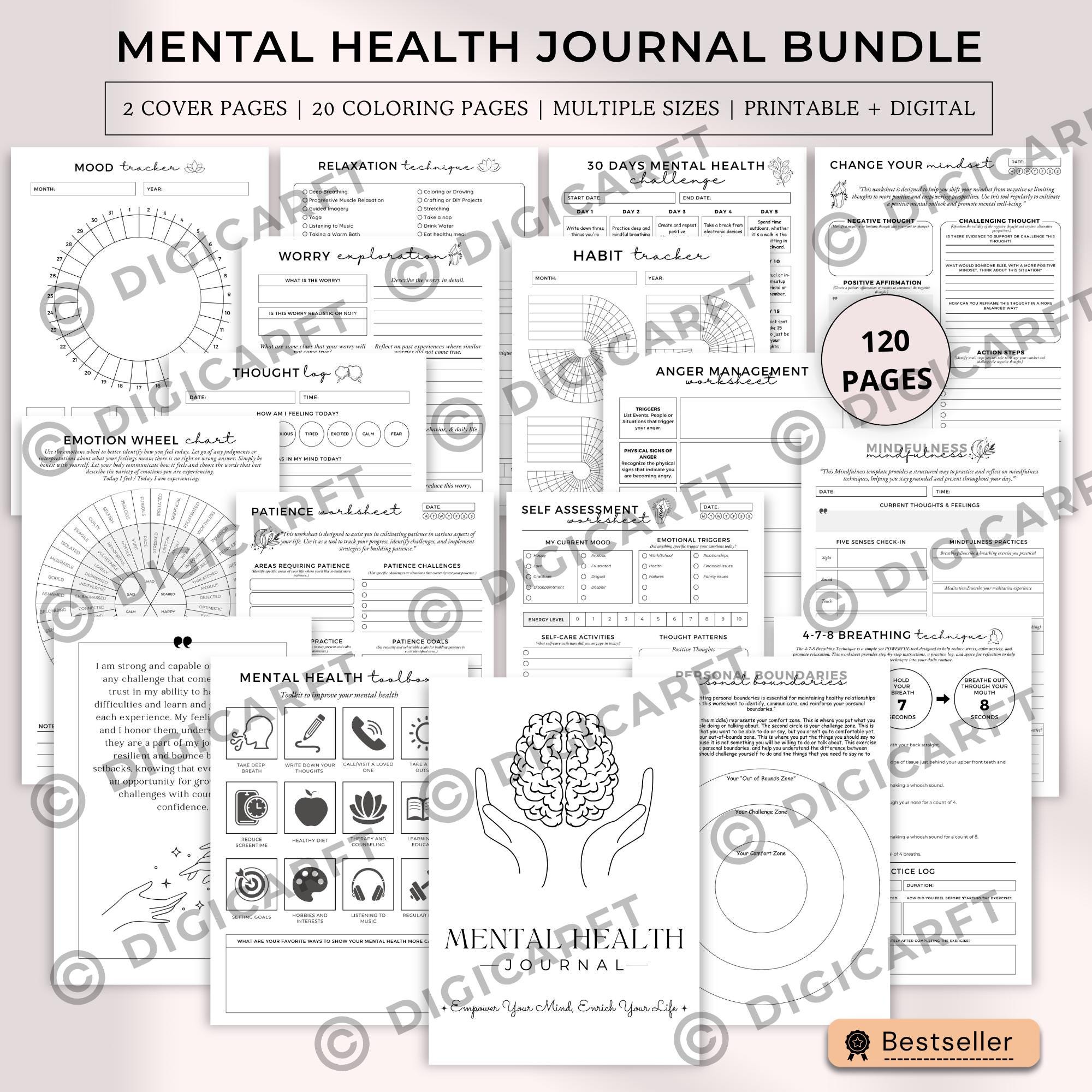 Mental health journal bundle printable,Digital Mentalhealth planner,Wellness workbook,Therapy worksheet,Anxiety management,Self care tracker